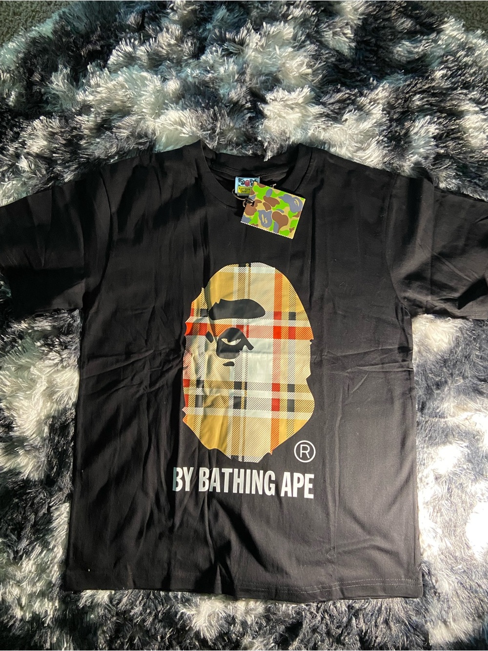 Bape Black Tee with Tan Plaid Ape Head